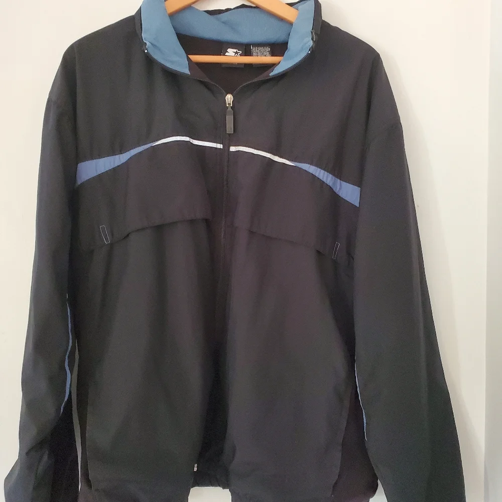 STARTER Men L Black Blue Windbreaker Jacket Full Zip Pockets Hood 90s Y2K